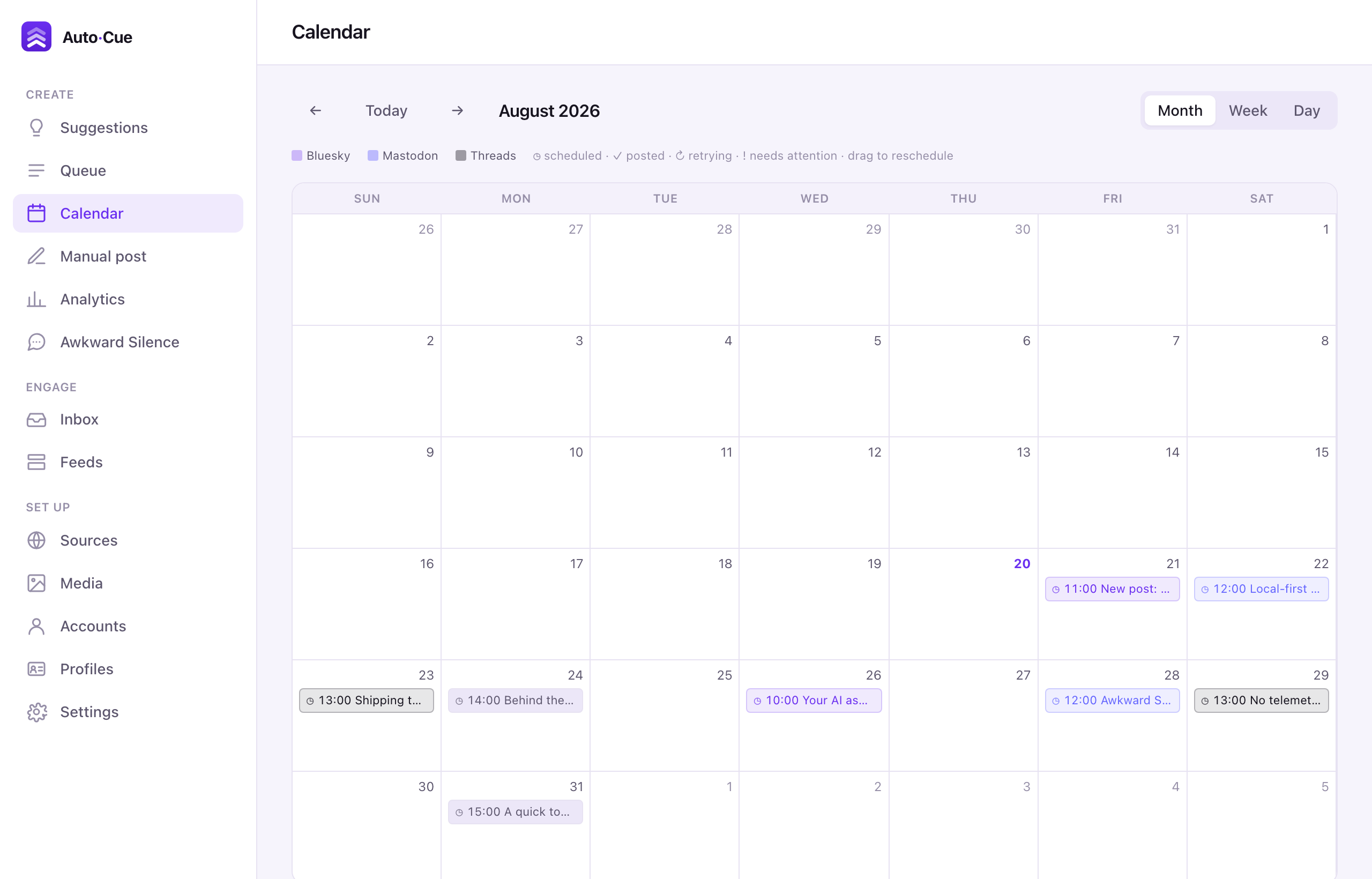 The Auto·Cue desktop app showing a content calendar of posts scheduled across Bluesky, Mastodon and Threads